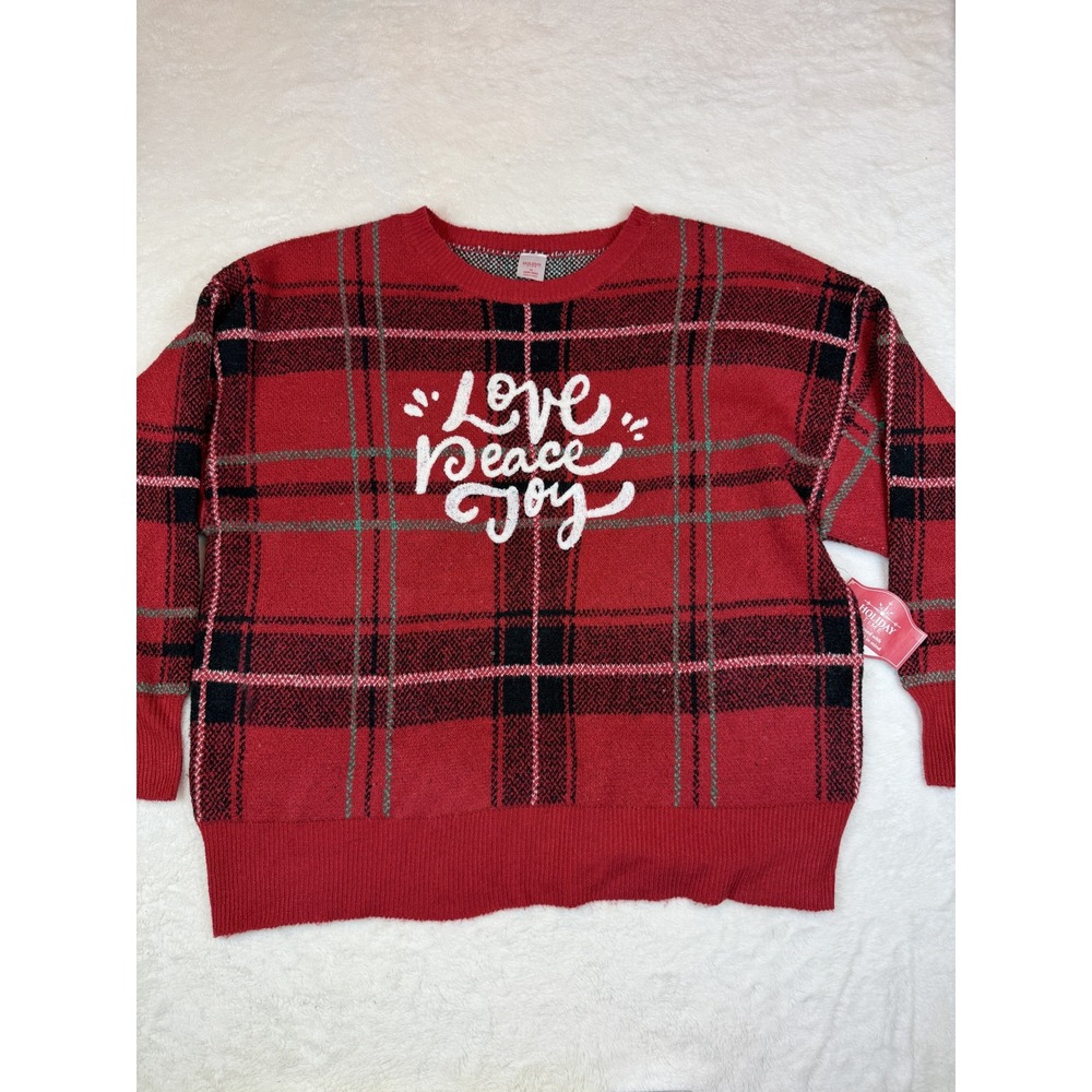 Holiday Time Womens Plus 1X Red Plaid Love Peace Joy Pullover Sweater NWT